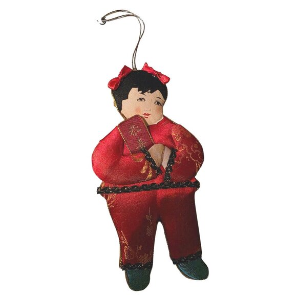 4 Vintage Ornament Dolls Fabric Asian-Inspired In Red & Blue With Gold Accents - Picture 4 of 8